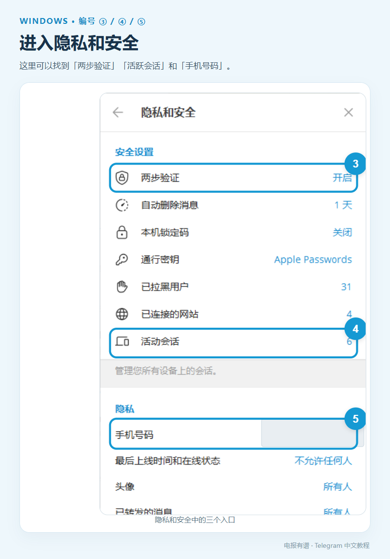 Windows 版 Telegram 隐私和安全局部放大图